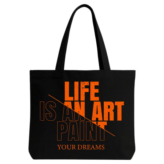 STYLLURE Printed Tote Bag for Women, Life is an Art Paint Your Dreams Quote, Black Canvas Shoulder Bag, Lightweight and Spacious