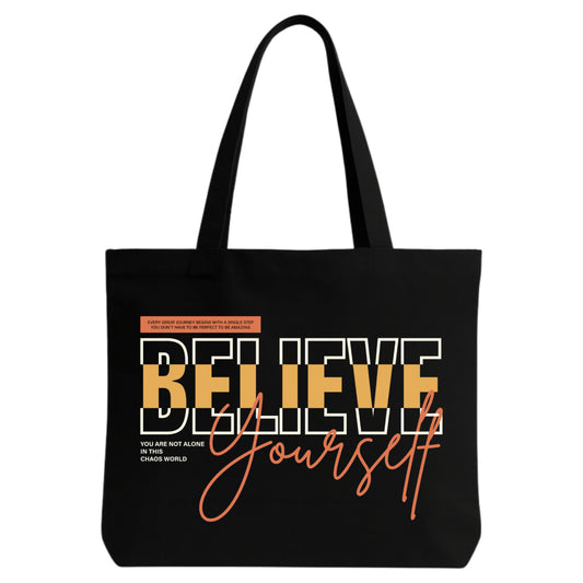 STYLLURE Black Cotton Tote Bag, Lightweight Multipurpose Shoulder Bag with Believe Yourself Motivational Inspirational Quote Design