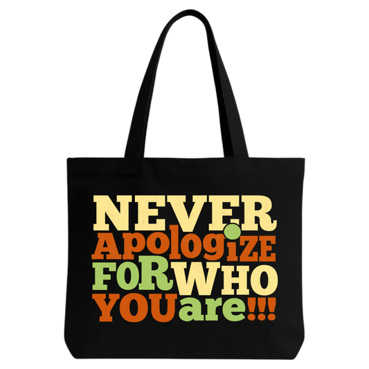 STYLLURE Canvas Tote Bag for Women, Reusable Shoulder Handbag, Black, Never Apologize for Who You Are Print, for College Office Shopping Daily Use
