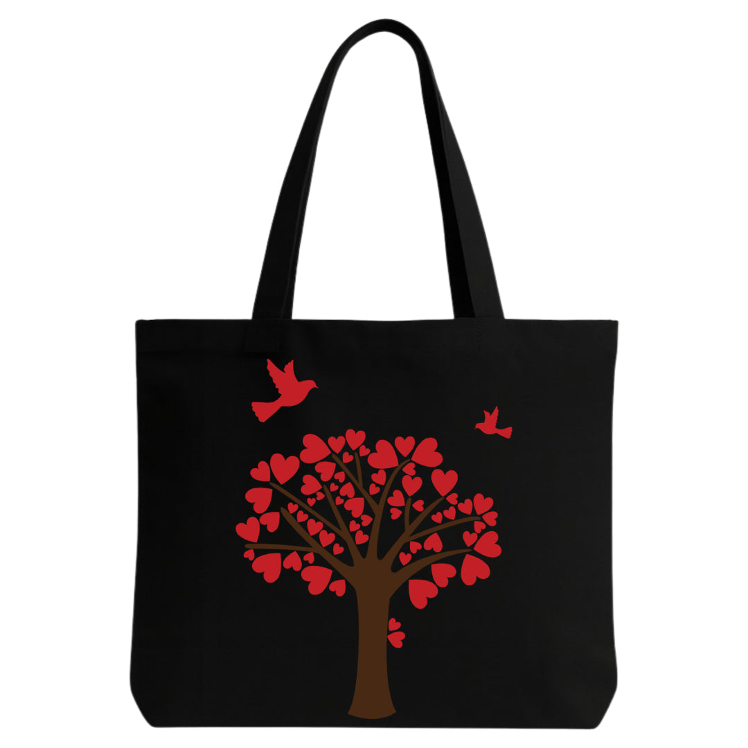 STYLLURE Printed Tote Bag for Women, Black Canvas Shoulder Bag with Red Heart Tree and Birds Design, Spacious Lightweight Tote