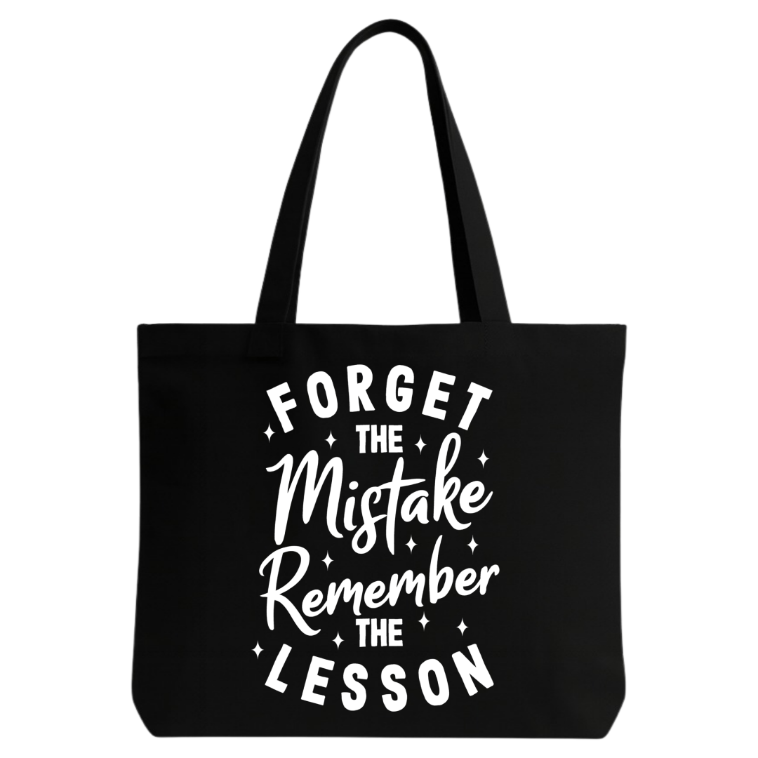 STYLLURE Printed Tote Bag for Women, Forget the Mistake Remember the Lesson Quote, Black Canvas Shoulder Bag, Lightweight and Spacious