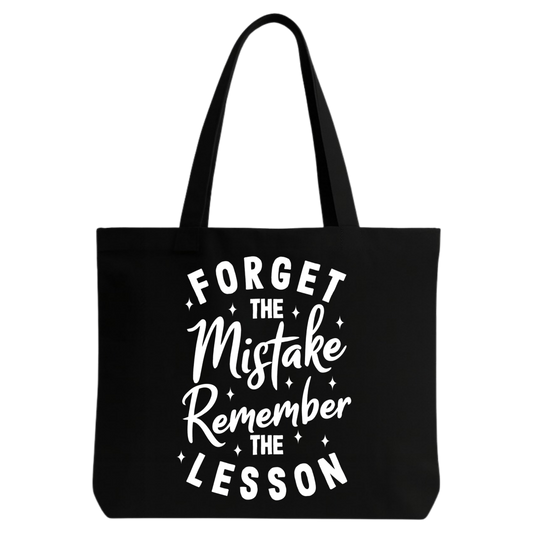 STYLLURE Printed Tote Bag for Women, Forget the Mistake Remember the Lesson Quote, Black Canvas Shoulder Bag, Lightweight and Spacious