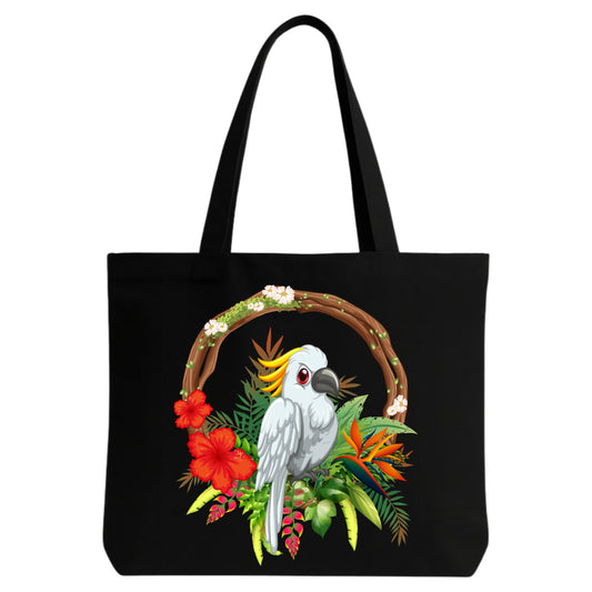 STYLLURE Printed Tote Bag for Women, Black Canvas Shoulder Bag with White Parrot and Tropical Floral Design, Lightweight and Spacious