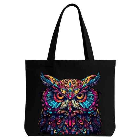STYLLURE Cotton Black Tote Bag, Multipurpose Lightweight Shoulder Bag with Colorful Owl Design