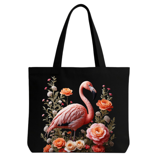 STYLLURE Canvas Tote Bag for Women, Flamingo Floral Print, Black Reusable Shoulder Handbag for College, Office, Shopping, Daily Use