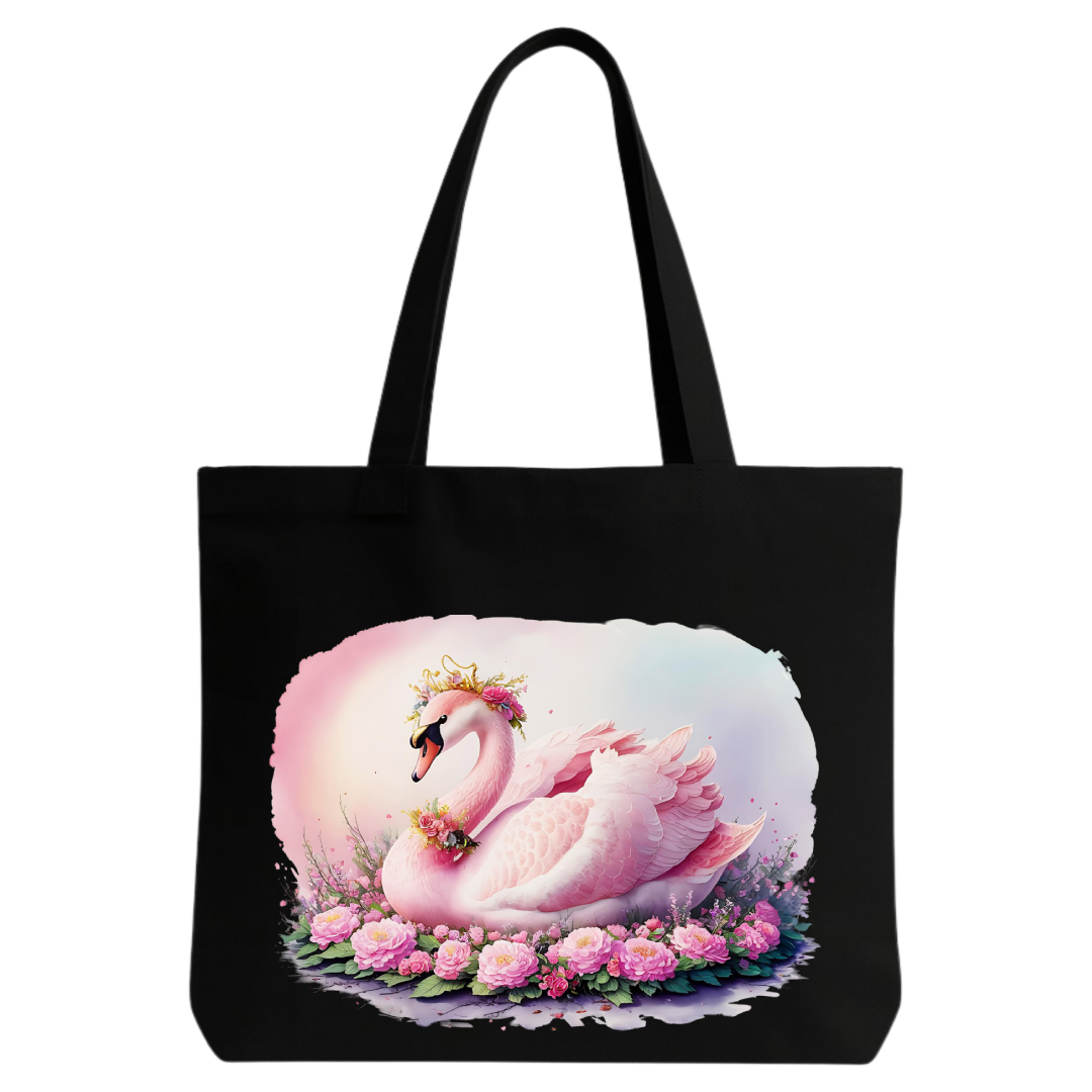STYLLURE Printed Tote Bag for Women, Pink Swan with Floral Design, Black Canvas Shoulder Bag, Lightweight and Spacious
