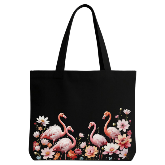 STYLLURE Canvas Tote Bag for Women, Reusable Shoulder Handbag with Flamingo Floral Print, Black
