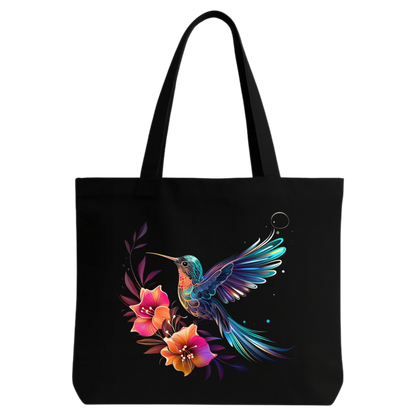 STYLLURE Printed Tote Bag for Women, Hummingbird and Floral Design, Black Canvas Shoulder Bag, Lightweight and Spacious