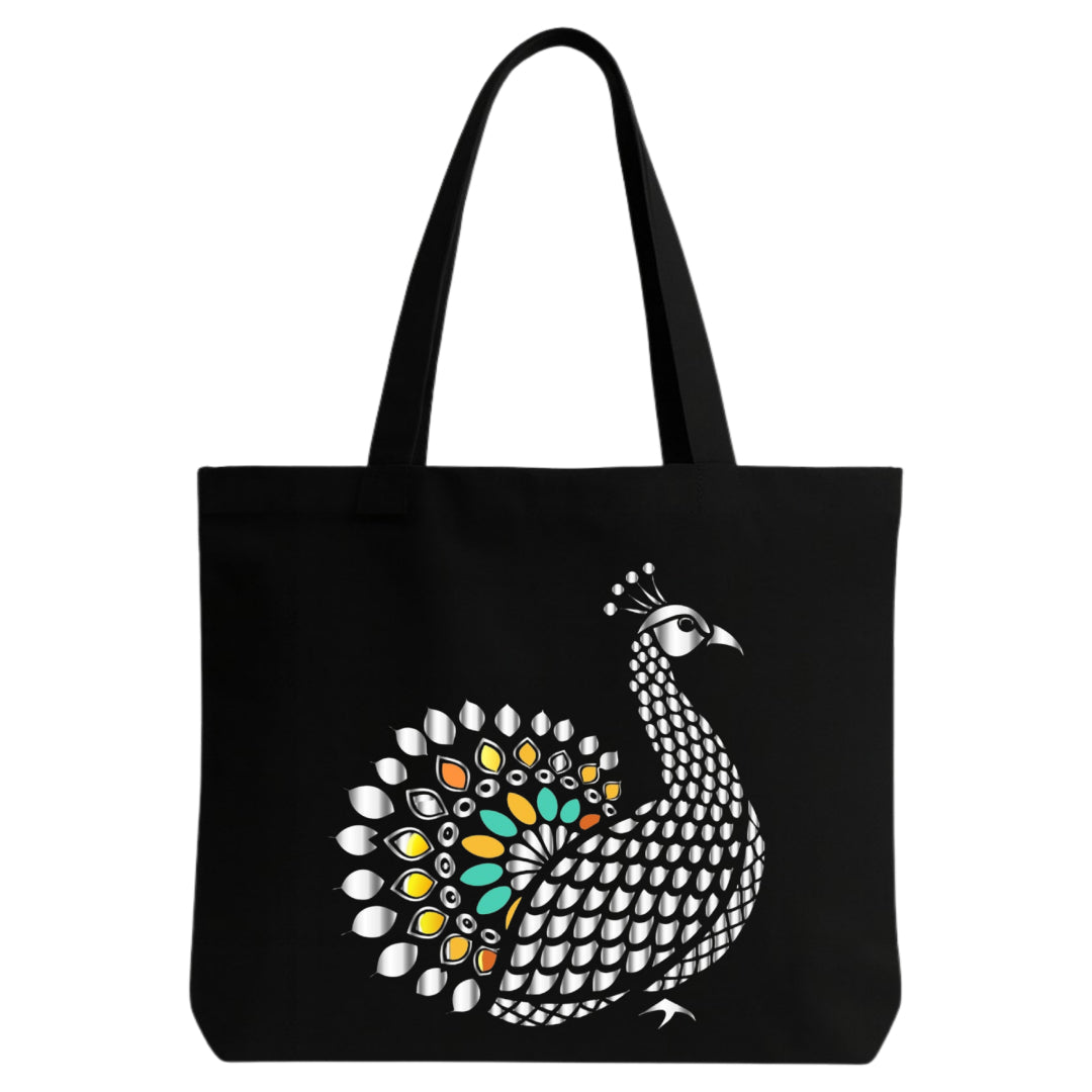 STYLLURE Printed Tote Bag for Women, Black Shoulder Bag with Peacock Design, Spacious Lightweight Tote with Reinforced Handles
