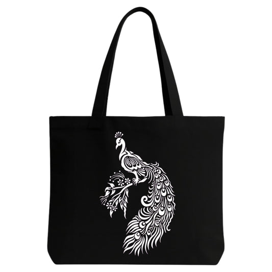 STYLLURE Printed Tote Bag for Women, Black Canvas Shoulder Bag with White Peacock Design, Spacious Lightweight Tote