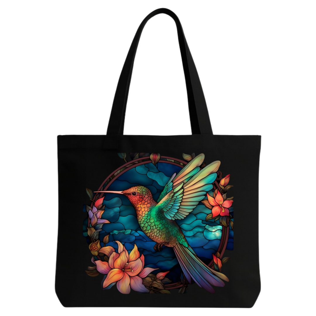 STYLLURE Printed Tote Bag for Women, Colorful Hummingbird Floral Design, Black Canvas Shoulder Bag, Spacious Lightweight