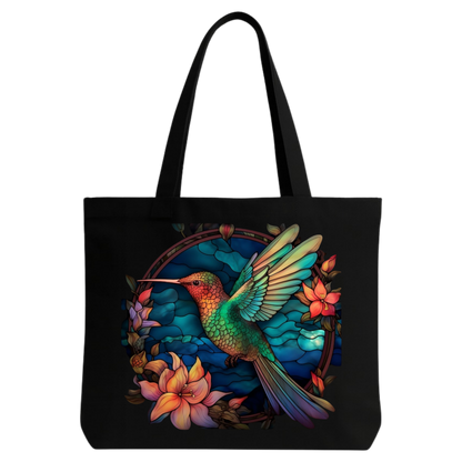 STYLLURE Printed Tote Bag for Women, Colorful Hummingbird Floral Design, Black Canvas Shoulder Bag, Spacious Lightweight