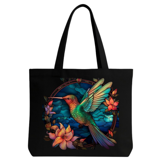STYLLURE Printed Tote Bag for Women, Colorful Hummingbird Floral Design, Black Canvas Shoulder Bag, Spacious Lightweight