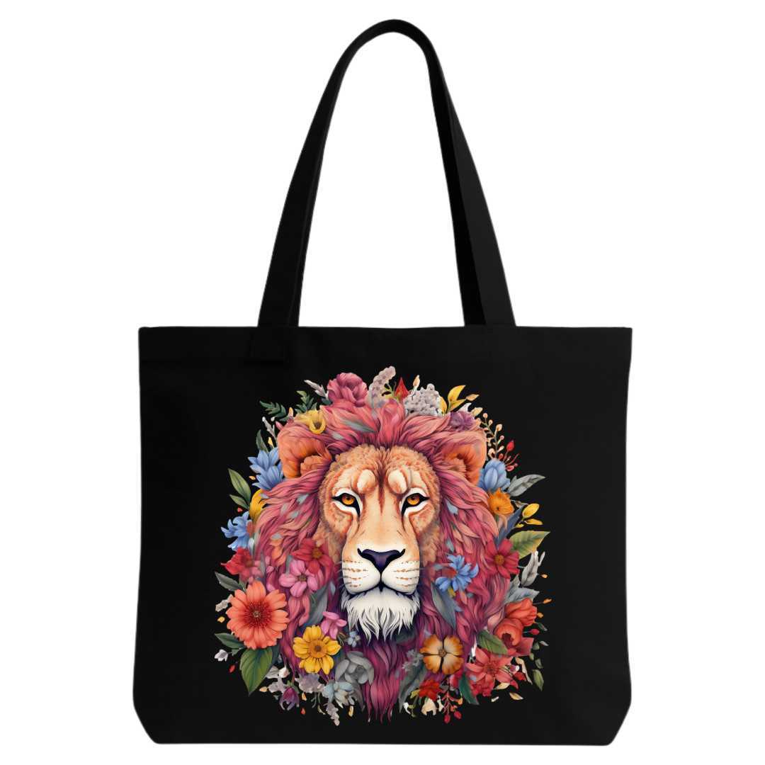 STYLLURE Printed Tote Bag for Women, Floral Lion Design, Black Canvas Shoulder Bag, Spacious Lightweight Tote