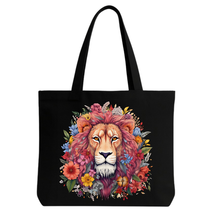 STYLLURE Printed Tote Bag for Women, Floral Lion Design, Black Canvas Shoulder Bag, Spacious Lightweight Tote