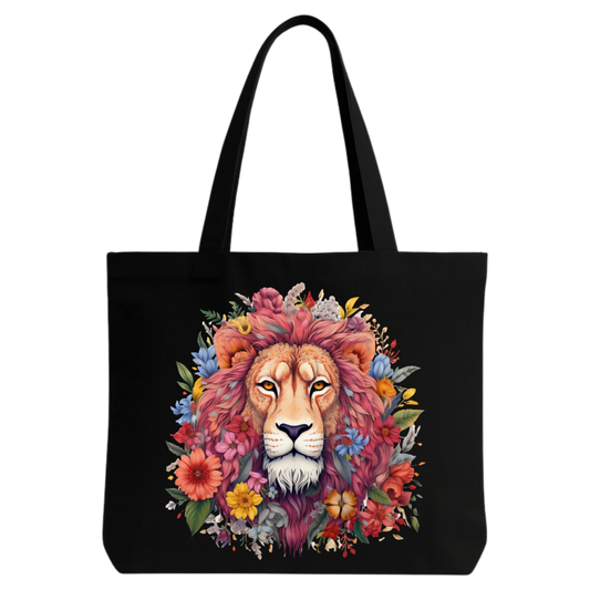 STYLLURE Printed Tote Bag for Women, Floral Lion Design, Black Canvas Shoulder Bag, Spacious Lightweight Tote