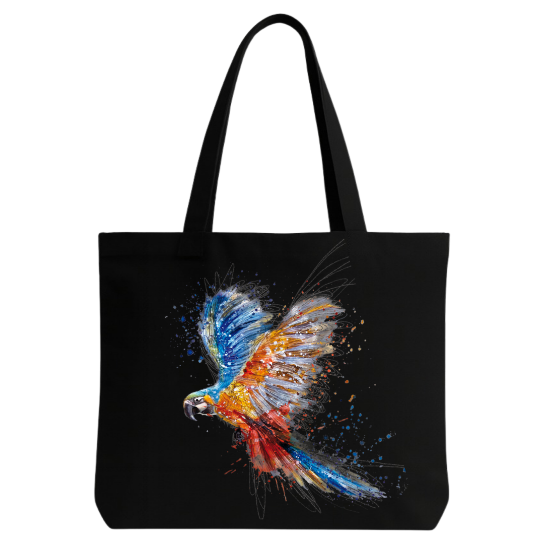STYLLURE Printed Tote Bag with Colorful Parrot Design, Black Canvas Shoulder Bag for Women, Spacious Lightweight Tote