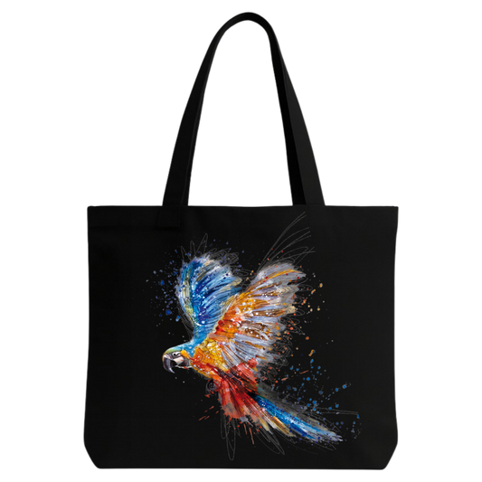 STYLLURE Printed Tote Bag with Colorful Parrot Design, Black Canvas Shoulder Bag for Women, Spacious Lightweight Tote