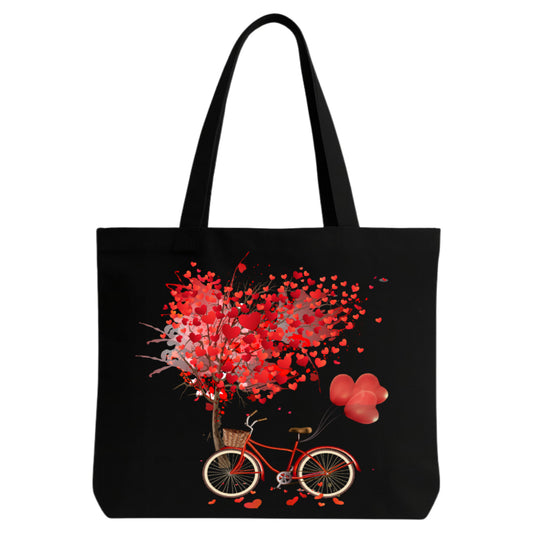 STYLLURE Printed Tote Bag for Women, Black Canvas Shoulder Bag with Red Bicycle and Hearts Design, Spacious Lightweight Everyday Carry