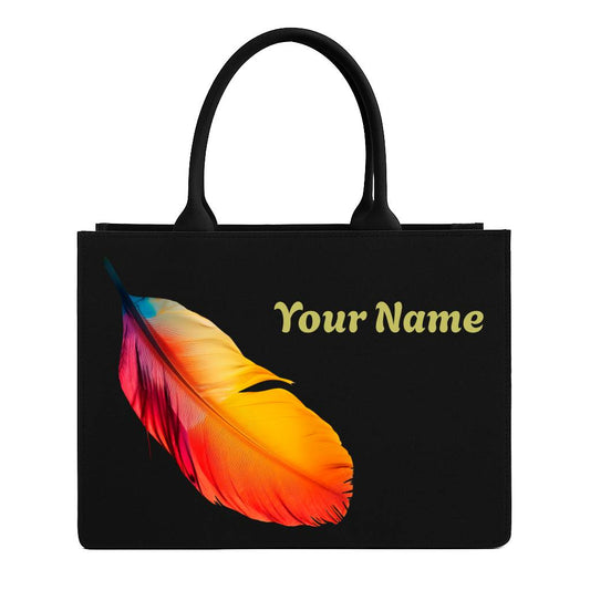 STYLLURE Customised Colourful Feather Design Tote Bag with Personalised Name Print, Black Premium Handbag for Women, Office Travel and Daily Use, 16x12x5 inches, Laptop Compartment up to 15.6 Inches