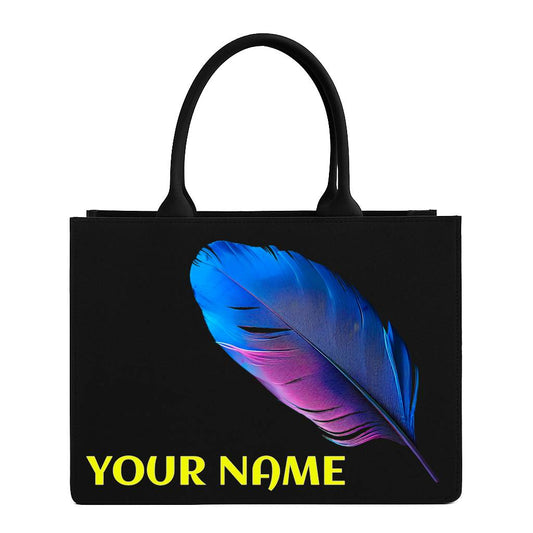 STYLLURE Tote Bag with Blue Feather Design, Customizable Name, Black Premium Handbag for Women, Office Travel and Daily Use, 16x12x5 inches, Fits 15.6 inch Laptop