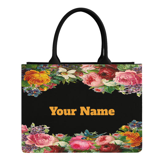 STYLLURE Tote Bag, Vibrant Floral Border of Colourful Roses set against a sophisticated black background with Name Personalization, Premium Handbag for Women, 16x12x5 inches, Fits 15.6 inch Laptop