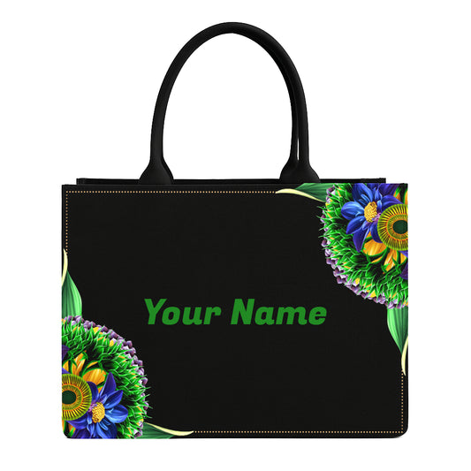 STYLLURE Tote Bag with Sunflowers, Blue Blooms and Green Leaves with with Name Print, Black, 16x12x5 Inches, Fits 15.6 Inch Laptop, Premium Handbag for Women, Office, Travel and Daily Use