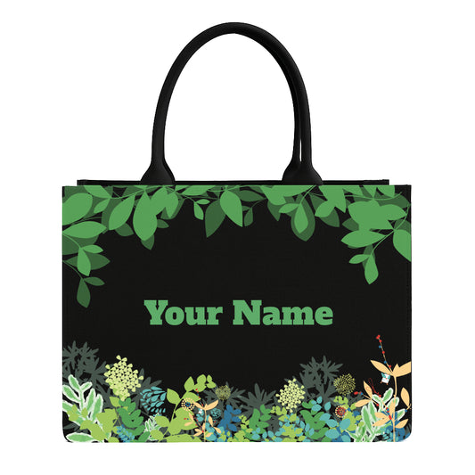 STYLLURE Personalized Tote Bag, Botanical Design with Green Foliage and Colourful Floral Elements, Personalised Name, Handbag for Women, Office Travel Daily Use, 16x12x5 inches, Fits 15.6 inch Laptop