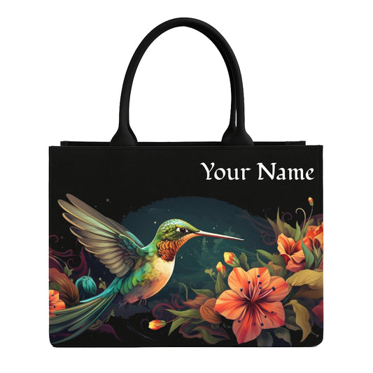 STYLLURE Personalised Exquisite Hummingbird and Vibrant Floral Design Tote Bag with Name Print, Black, 16x12x5 Inches, Fits 15.6 Inch Laptop, Premium Handbag for Women, Office, Travel and Daily Use