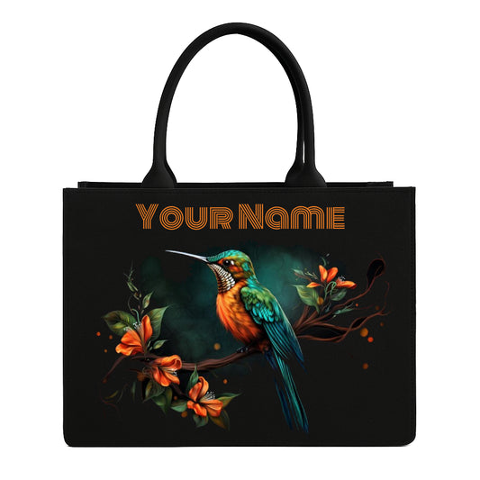 STYLLURE Personalised Beautiful Hummingbird Design Tote Bag with Name Print, Black, 16x12x5 Inches, Fits 15.6 Inch Laptop, Premium Handbag for Women, Office, Travel and Daily Use