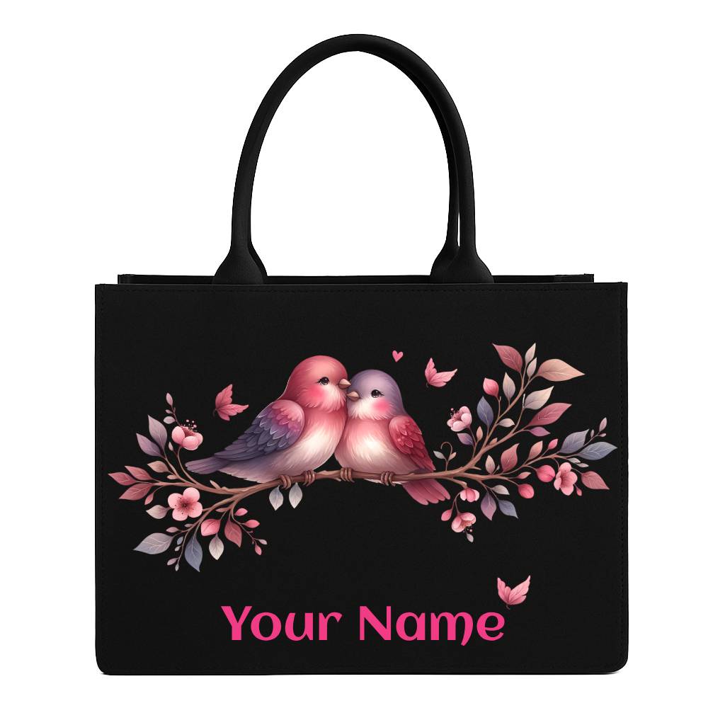 STYLLURE Personalised Design of Two Lovebirds Surrounded by Delicate Floral Artwork Tote Bag with Name Print, Black Premium Handbag for Women, 16x12x5 inches, Laptop Compartment up to 15.6 Inches