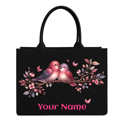 STYLLURE Personalised Design of Two Lovebirds Surrounded by Delicate Floral Artwork Tote Bag with Name Print, Black Premium Handbag for Women, 16x12x5 inches, Laptop Compartment up to 15.6 Inches