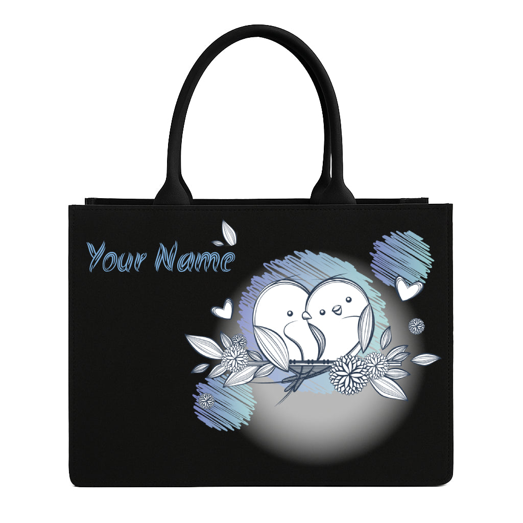 STYLLURE Customised Adorable White Lovebirds illustration with Delicate Floral Accents on Black Canvas Tote Bag with Name Print, Premium Handbag for Women, 16x12x5 inches, Fits 15.6 inch Laptop