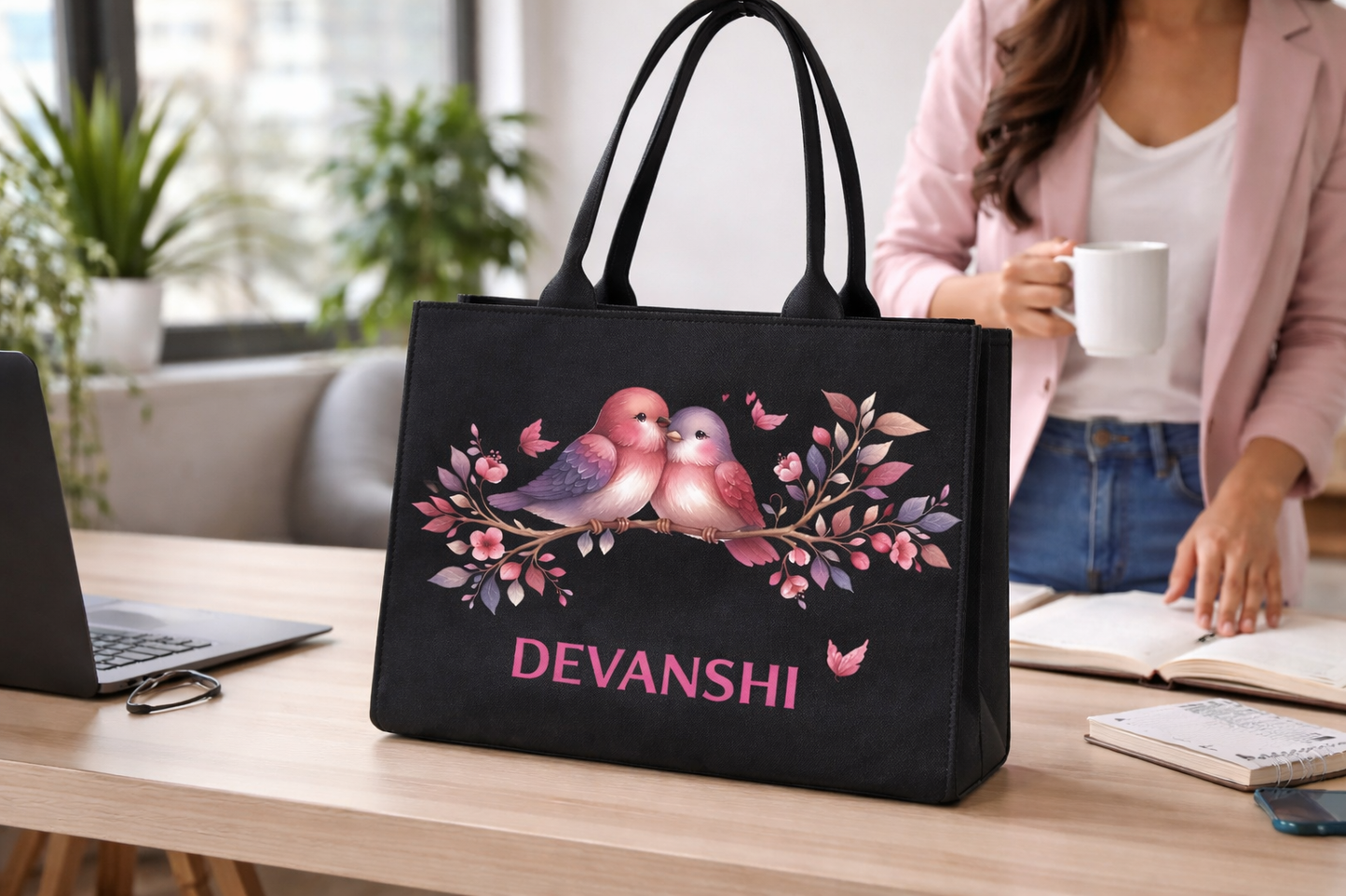 STYLLURE Personalised Design of Two Lovebirds Surrounded by Delicate Floral Artwork Tote Bag with Name Print, Black Premium Handbag for Women, 16x12x5 inches, Laptop Compartment up to 15.6 Inches