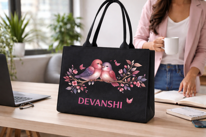 STYLLURE Personalised Design of Two Lovebirds Surrounded by Delicate Floral Artwork Tote Bag with Name Print, Black Premium Handbag for Women, 16x12x5 inches, Laptop Compartment up to 15.6 Inches