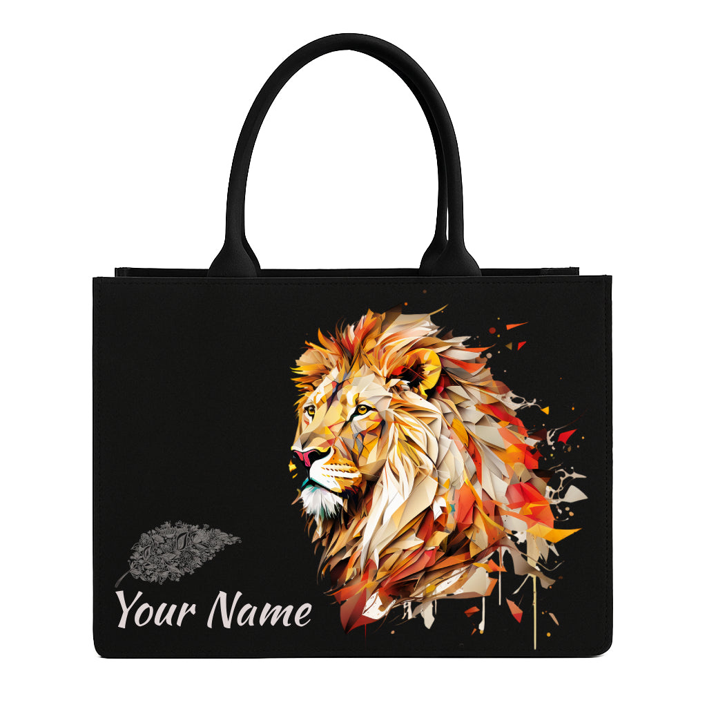 STYLLURE Customised Tote Bag with Artistic Lion Design, Black, Customizable Name, Laptop Compartment up to 15.6 Inch, 16x12x5 Inch, Premium Handbag for Women, Office Travel and Daily Use