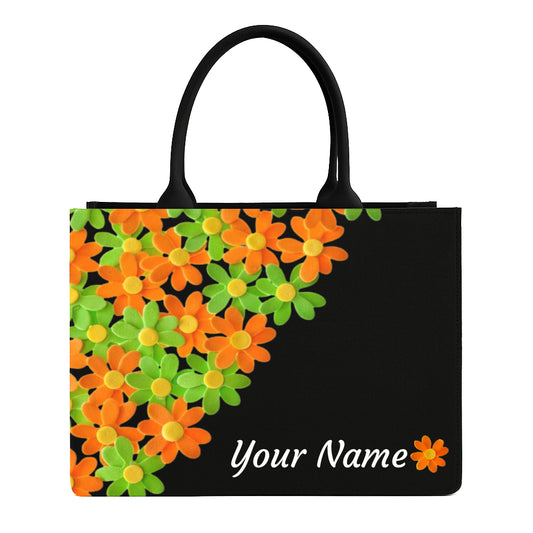 STYLLURE Tote Bag with Orange and Green Floral Design, Black, Personalized Name, 15.6 Inch Laptop Compartment, 16x12x5 Inches
