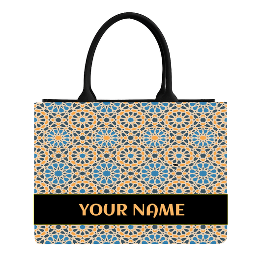 STYLLURE Tote Bag, Personalized Moroccan Geometric Pattern in Vibrant Blue and Orange Hues, Laptop Compartment up to 15.6 Inch, 16x12x5 Inch, Premium Handbag for Women, Office Travel and Daily Use