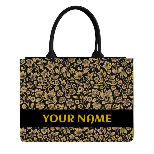 STYLLURE Customised Tote Bag with Gold Floral Pattern against a Rich Black Background, Personalized Name, Laptop Compartment fits 15.6 inch, 16x12x5 inches, Premium Handbag for Women