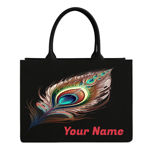 STYLLURE Customised Peacock Feather Design Tote Bag with Personalized Name Print, Black Canvas, 40x30x12 cm, Laptop Compartment up to 15.6 Inches, Handbag for Women, Office Travel and Daily Use