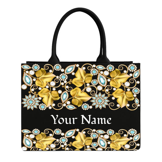STYLLURE Personalized Tote Bag with Luxurious Gold Floral and Jewel Design, Black with Turquoise Accents, Customizable Name, Laptop Compartment up to 15.6 Inches, Premium Handbag for Women
