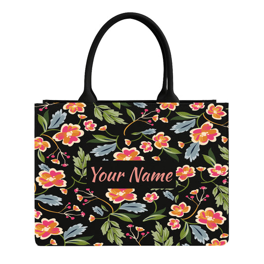 STYLLURE Tote Bag, Floral Pattern with Personalized Name, Black with Colorful Flowers, Laptop Compartment up to 15.6 Inch, 16x12x5 Inch, Premium Handbag for Women, Office Travel and Daily Use