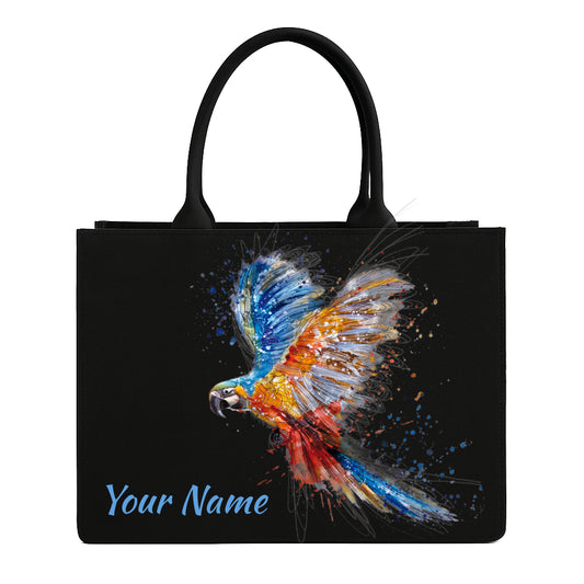 STYLLURE Customised Tote Bag with Artistic Parrot Design with Personalised Name Print, 16x12x5 Inches, Fits 15.6 Inch Laptop, Premium Handbag for Women, Office, Travel and Daily Use