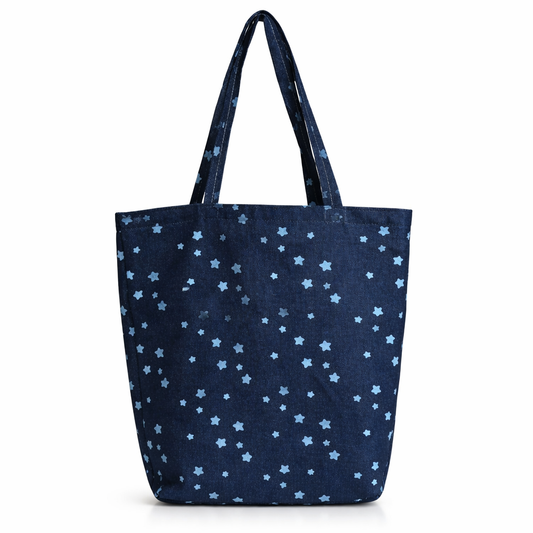 STYLLURE Everyday Shoulder Tote Bag Navy Blue with Star Print, Premium Fabric, Double-Stitch Handles, Lightweight & Washable Shopping Bag
