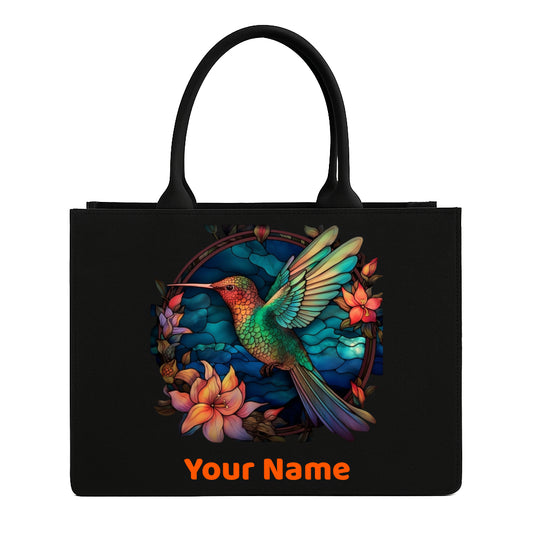 STYLLURE Personalised Brightly Colored Hummingbird Surrounded by Flowers Tote Bag with Name Print, Black, 16x12x5 Inches, Fits 15.6 Inch Laptop, Premium Handbag for Women