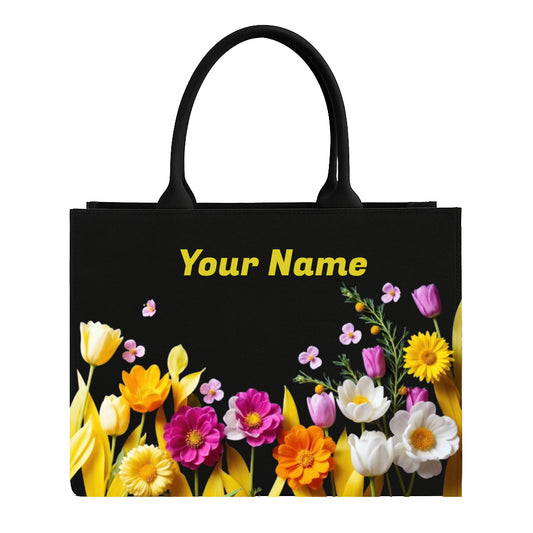 STYLLURE Tote Bag, Black, Customizable Floral Design with Tulips, Daisies and Cosmos Flowers, 15.6 Inch Laptop Compartment, 16x12x5 Inches