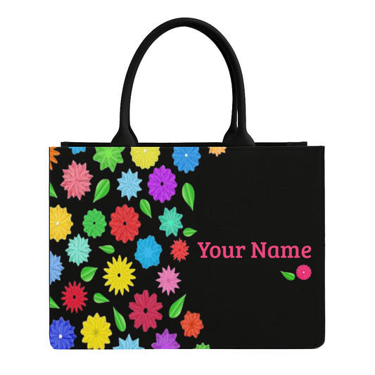 STYLLURE Customised Floral Pattern Tote Bag with Name Print, Black, 16x12x5 Inches, Fits 15.6 Inch Laptop, Premium Handbag for Women, Office, Travel and Daily Use