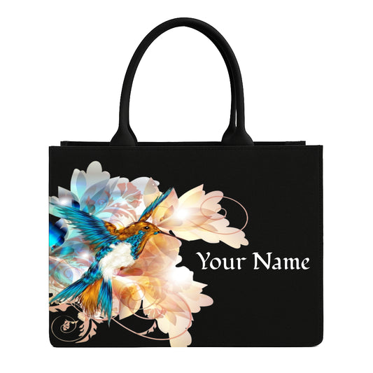 STYLLURE Personalised Captivating Hummingbird and Floral Design Tote Bag with Name Print, Black, 16x12x5 Inches, Fits 15.6 Inch Laptop, Premium Handbag for Women, Office, Travel and Daily Use