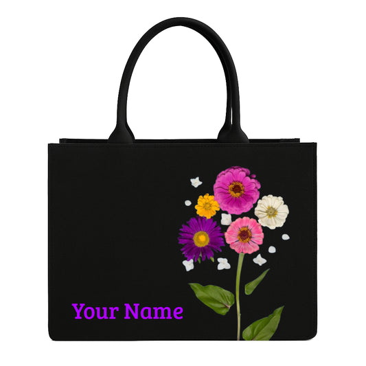 STYLLURE Customised Floral Design Tote Bag with Name Print, Black, 16x12x5 Inches, Fits 15.6 Inch Laptop, Premium Handbag for Women, Office, Travel and Daily Use