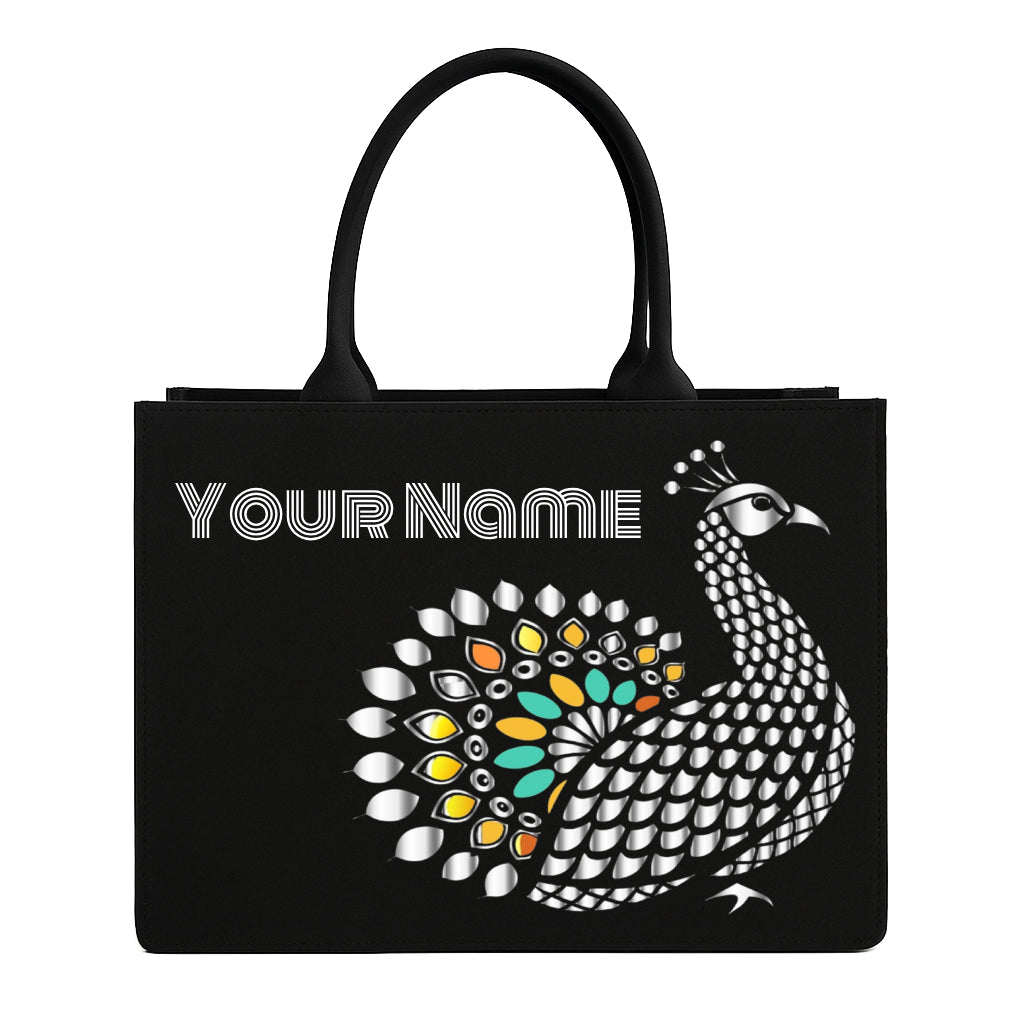 STYLLURE Personalised Black Canvas Tote Bag with Peacock Design, 40x30x12 cm, Laptop Compartment up to 15.6 Inches